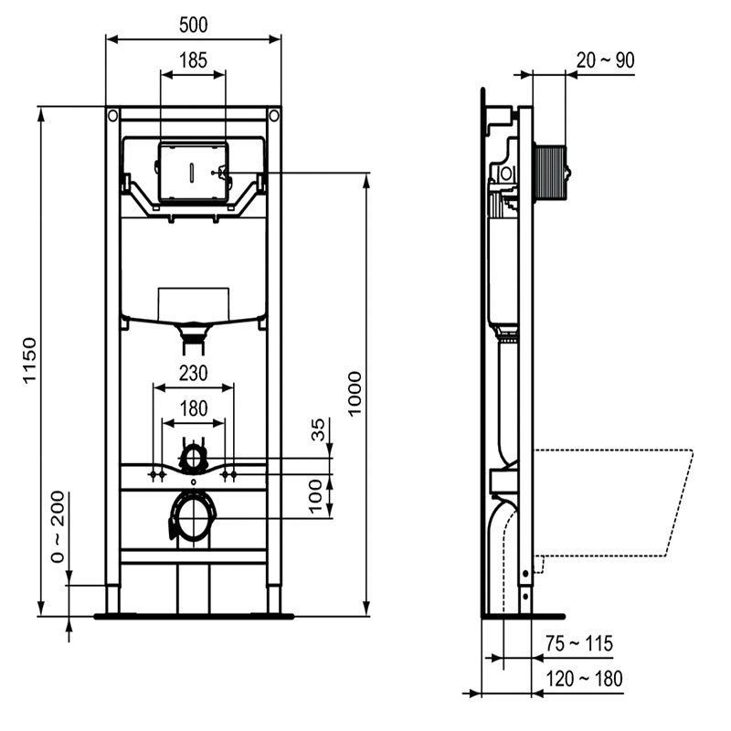 SISTEM INSTALARE WC PROSYS 120 MM, ACTIONARE PNEUMATICA, 12 CM ADANCIME MINIMA MONTAJ